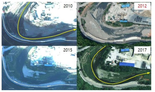 태백 황지천 만곡부 돌출줄눈 설치 전후 위성영상의 하천 흐름 변화