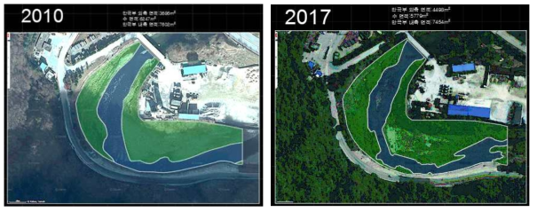 태백 황지천 만곡부 돌출줄눈 설치 전인 2000년과 설치 이후 2017년 수면 및 수변 변화