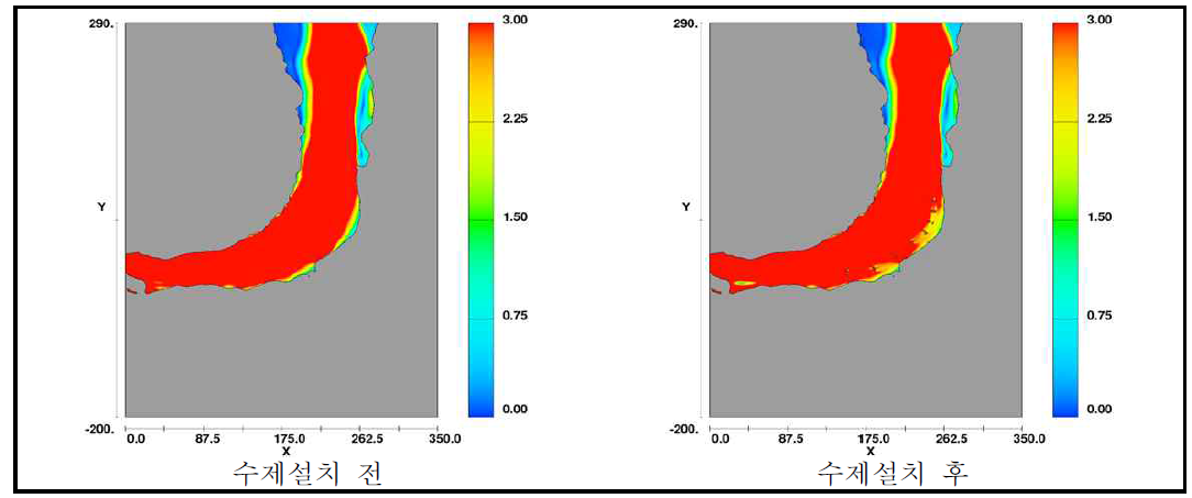수제설치 지점의 수제설치 전ㆍ후 유속분포(EL.101.4m)
