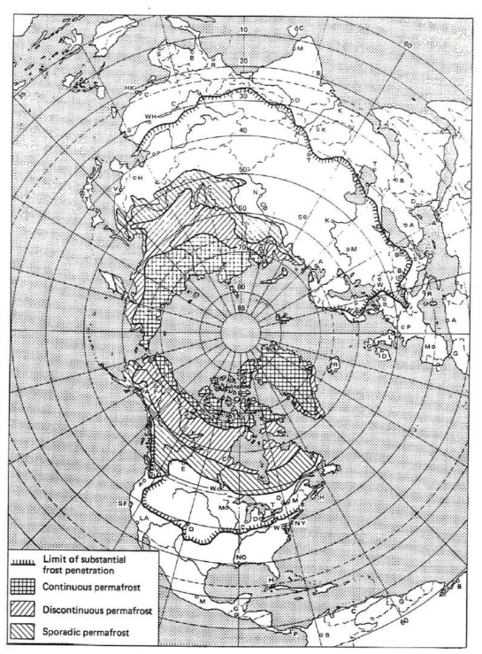 북반구에서 영구동토지역의 분포(Burdick et al., 1978)
