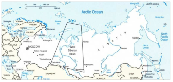 서시베리아 분지의 대략적인 위치도 (한국지질자원연구원, 2009)