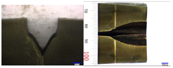 CWPT 노치 파단면 분석 사진 (왼쪽 노치단면, 오른쪽 노치 표면사진)