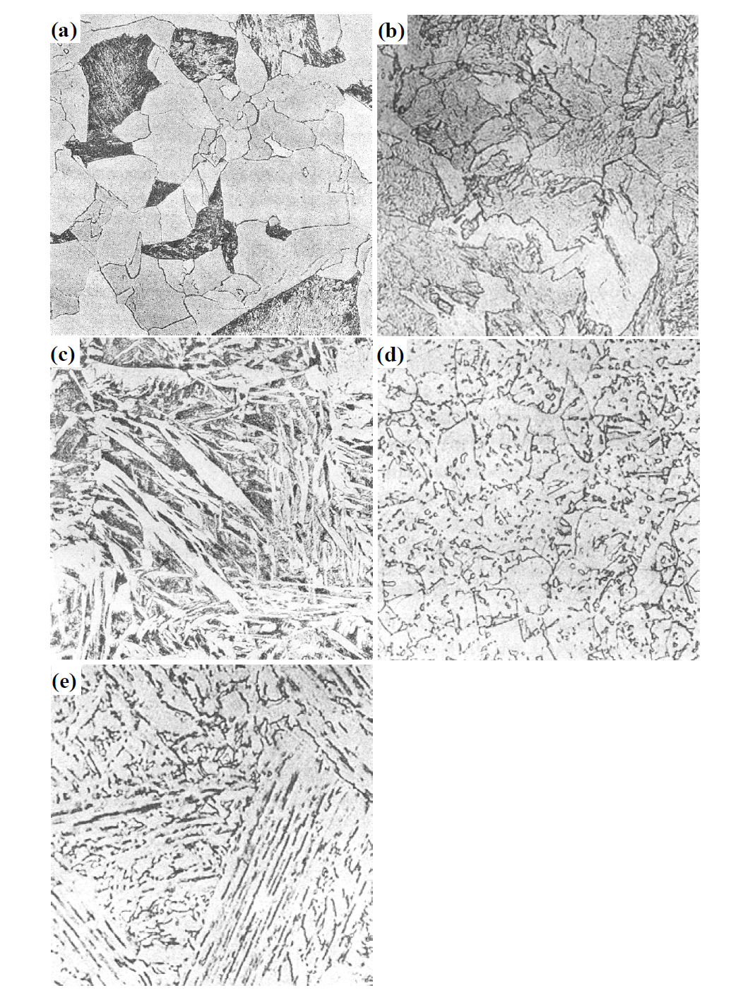 Ferritic microstructure; (a) polygonal ferrite, (b) quasi-polygonal ferrite, (c) granular bainitic ferrite, and (d) bainitic ferrite