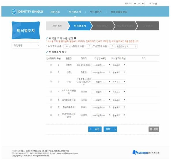 IDENTITY SHIELD 비식별 조치 설정 화면