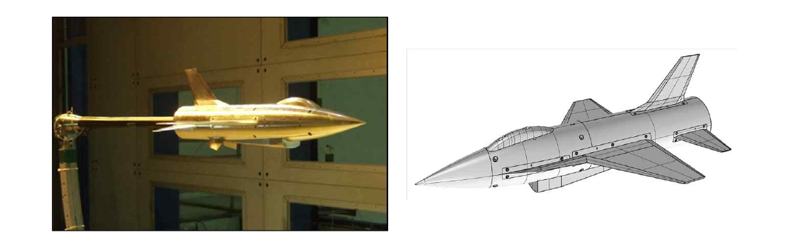 (좌)중형아음속풍동에서 수행된 SDM 모형 풍동시험, (우)SDM 모형 3D 모델링