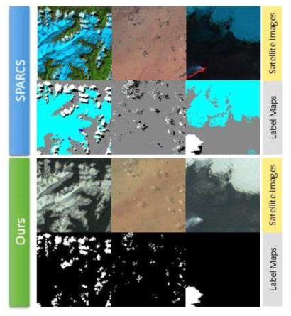 SPARCS 의사색상과 변경된 가시대역 위성영상 및 레이블 맵의 비교