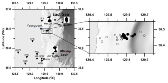 동해 영덕 인근 해역에서 2007-2008년 발생한 지진군. 면이 검은색으로 채워진 원은 지역 규모 2.0 이상인 지진을 뜻한다. (신진수 외, 2012)