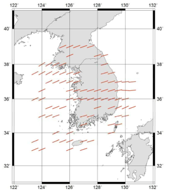 한반도 주요 지진으로 분석된 한반도 수평 최대 응력 방향 도시