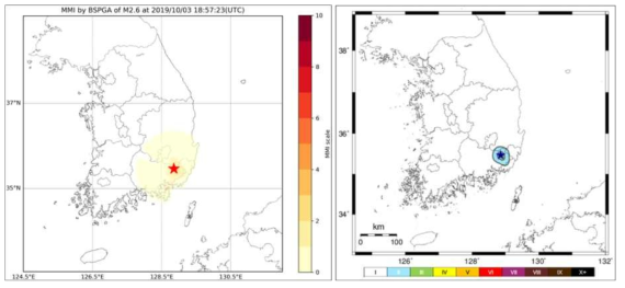 2019/10/03 18:57:23(UTC), 규모 2.6(기상청), 경남 밀양 지진에 대한 BSPGA 진도도(좌)와 기상청 계기 진도도(우, 기상청 홈페이지) 비교