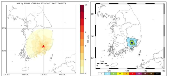 2019/10/27 06:37:26(UTC), 규모 3.4(기상청), 경남 창녕 지진에 대한 BSPGA 진도도(좌)와 기상청 계기 진도도(우, 기상청 홈페이지) 비교