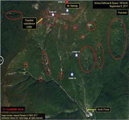 북한 6차 핵실험 위치와 풍계리 핵 실험장 추정(KIGAM 제공)