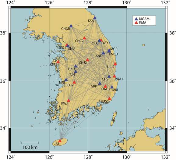 지진배경잡음의 시공간적 분포 특성 분석에 사용된 관측소 조합과 구성