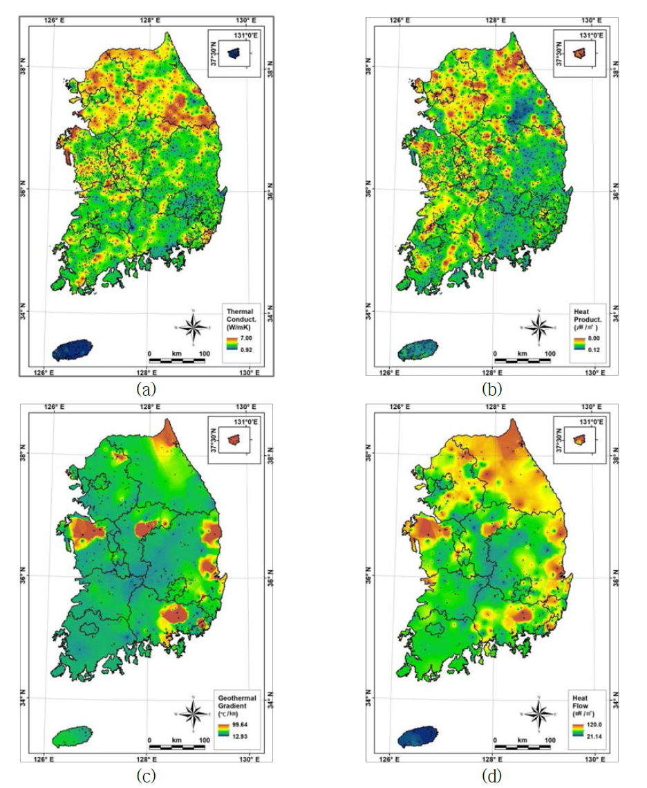 지열주제 분포도 (a) 암석열전도도, (b) 열생산율, (c) 지온경사, (d) 지열류량