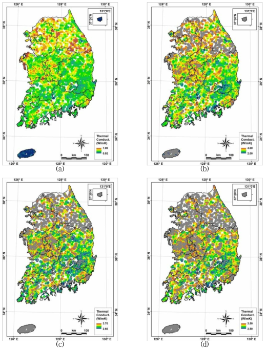 암석열전도도 분포 구간 분석(반경 5 km) (a) 0.92~7.00 W/mK, (b) 2.00~4.00 W/mK, (c) 2.60~3.70 W/mK, (d) 2.50~3.50 W/mK