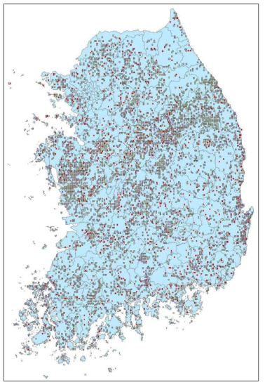 한국지질자원연구원, 한국광물자원공사, 한국 광해관리공단으로부터 수집한 광산의 위치자료를 이용하여 작성된 광구분포도 초안