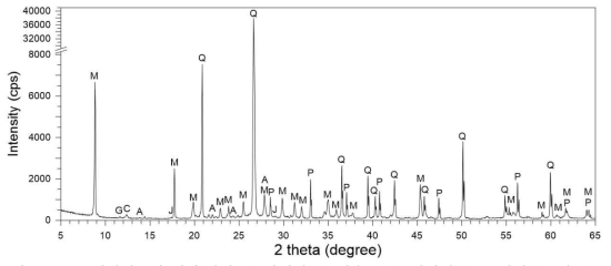 X-선회절분석 결과(석영(Q), 황철석(P), 백운모(M), 사장석(A), 녹니석(C), 석고(G), 자로사이트(J))
