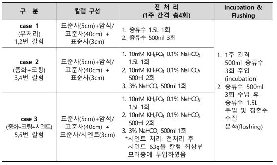 처리 종류별 칼럼 구성, 전처리 및 Incubation & Flushing 방법