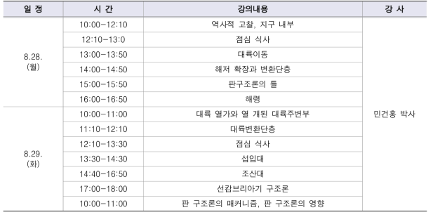 전 지구적 지체구조론 교육과정 일정표