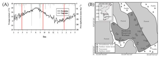 표층수 중 라돈 농도 측정 시기(2018년 4월/9월, 2019년 2월) (A)와 표층수 라돈 농도 측정 지점 및 공극수 샘플링 지점(B)