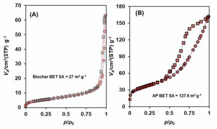 다공성 첨가물 FE-SEM/EDS 분석 결과 (a) 바이오차 (b) AP