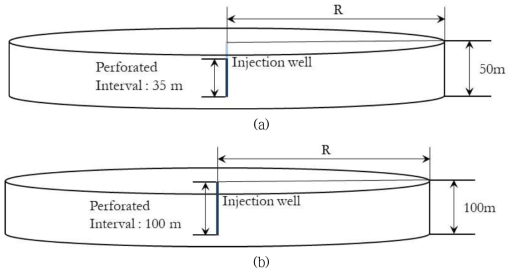 수치모델링에 적용된 저장층의 개념 모형; (a) 균질한 매질 및 정상성 불균질성 매질에서의 압력 상승 모델에 사용된 개념모형, (b) 100만 톤/년에서의 압력의 비선형성 분석을 위한 모델링의 개념 모형