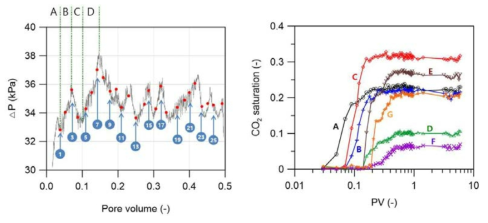 (a) 주입실험동안 측정된 압력차; (b) 7개 영역에서 측정된 PV에 따른 CO2 포화도 변화