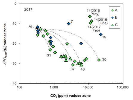 포항센터 실증부지 토양 CO2의 농도와 탄소동위원소(δ13CCO2) 관계. 점선은 대기와의 혼합선