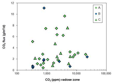 포항센터 실증부지에서 측정된 비포화대 CO2 농도와 CO2 flux의 관계