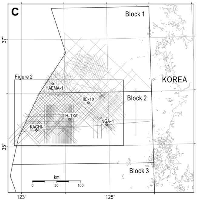 탄성파 탐사 및 시추공 위치(Shinn et al., 2010)