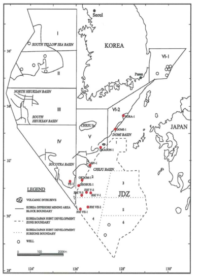 남해 시추공 위치 및 광구(한국자원연구소, 1997)