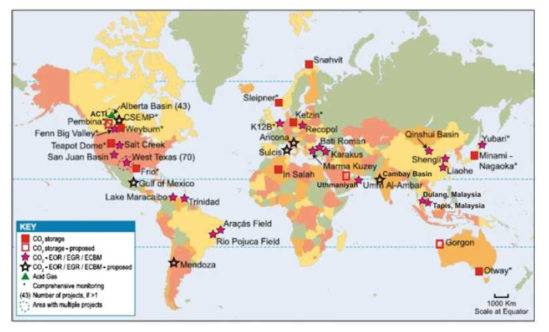 CCS-EOR 프로젝트가 진행 중인 국가와 위치(Metz et al., 2005)