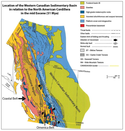 Tectonic and geographic setting of the Western Canadian Sedimentary Basin in the relation to the North American Cordillera in the mid-Eocene, when the basin attained its modern position and geometry (adapted from the Geological Atlas of the Western Canadian Sedimentary Basin, after Price, 1994)