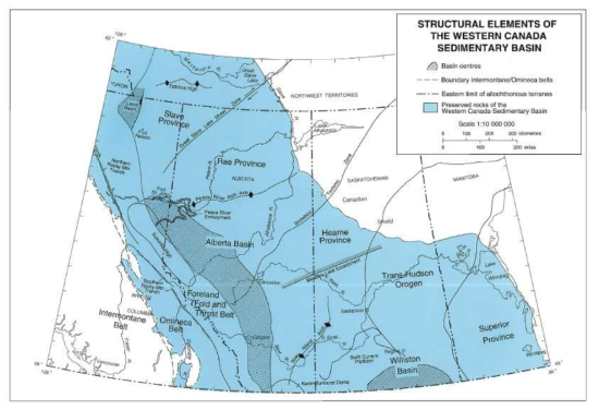 Structural elements of the Western Canada Sedimentary Basin. Precambrian domains taken from both Ross et al. and Burwash et al. The western limit of the exposed North American sedimentary wedge is from Wheeler and McFreely (1987) and the Meadow Lake Escartment is from Porter and Fuller (1959). The peace River Arch and Embayment, the Alberta and Williston basins, the Tathlina High and Bow Island Arch are delineated by isopachs, and the Kevin-Sunburst Dome by a structural contour