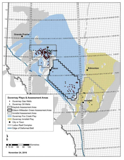 Duvernay 층 분포(from Alberta Energy Regulator, 2016)