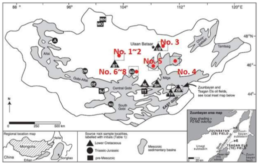 몽골 오일 세일 시료의 분포 위치