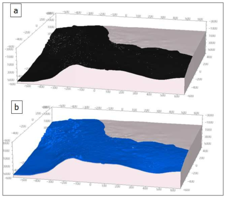 (a) Woodbend 층군의 하부구간에 bituminous shale(근원암) 분포 모델, (b) Woodbend 층군의 상부구간에 탄산염암(저류암) 분포 모델