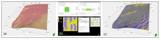 3차 광역모델 구축 결과. 1차 광역모델의 암상분포(a), Training image (b), MPS 활용 암상분포 예측 결과(c)