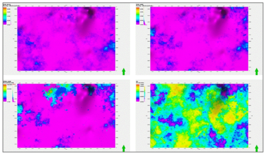 중성자-밀도 자료 해석을 통한 물리검층 공극률 삼차원 분포 모델(좌상), 암심에서 측정된 공극률과 물리검층 공극률의 상관관계식을 적용한 공극률 삼차원 분포 모델(우상), 암심에서 측정된 공극률과 투수율간의 관계식을 적용한 투수율 삼차원 분포 모델(좌하), 오일 포화도의 삼차원 분포 모델(우하)
