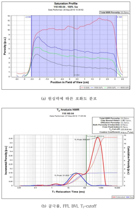 NMR과 원심분리시스템 활용 탄산염암 코어시료의 포화도 분포 및 물성 분석 결과