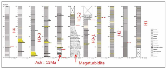 C-공 중기 마이오세 퇴적층의 시추 주상도. 포항분지 대부분 시추공에서 확인되는 15Ma 시기의 화산재 퇴적층 및 거대저탁류 사암과 이를 기준으로 구분한 층서