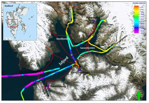 Location of hydrocarbon source rock samples around Isfjorden of Spitsbergen, the Arctic Svalbard(yellow points: 2016, violet points: 2018). Colored tracks represent water depth acquired by R/V Helmer Hanssen