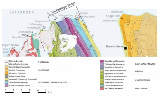 Geological map and stratigraphy of Festningen Section around Barentsburg of Spitsbergen, the Arctic Svalbard (Mork and Worsley, 2006)