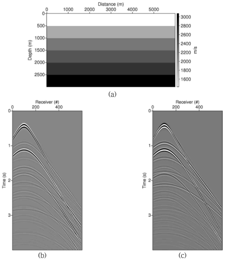 (a) Horizontal six-layered velocity model. Modeled data for P-Z summation test, (b) pressure component, (c) vertical velocity