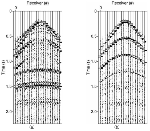 Separated wavefield using P-Z summation. (a) Separated up-going wavefield, (b) separated down-going wavefield