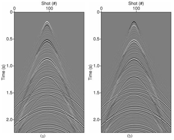 Separated wavefield using P-Z summation(receiver gather). (a) Separated up-going wavefield, (b) separated down-going wavefield