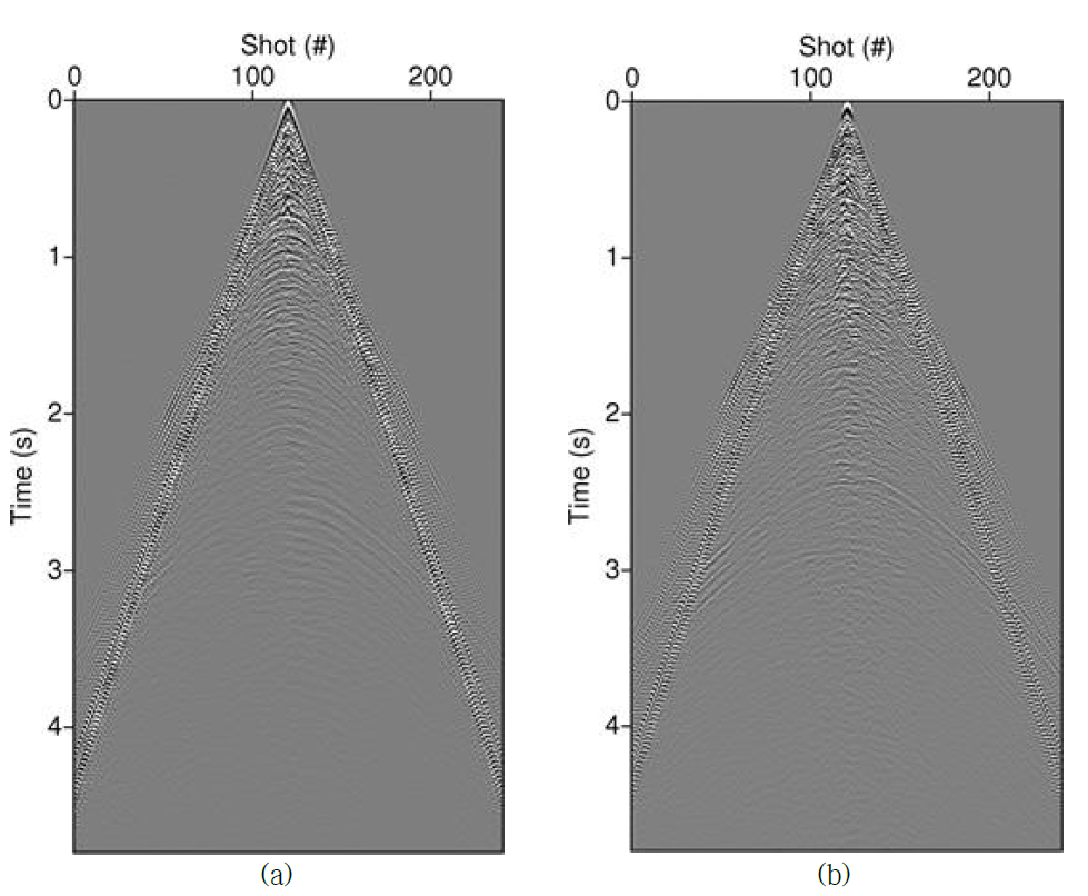 Receiver gather of 120th receiver after applying band-pass filtering. (a) Pressure data, (b) vertical velocity data