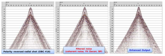 PS파에 대하여 표면파를 제거하고 일관성 잡음 감쇠(coherent noise attenuation) 및 FX decon. 등을 수행하여 자료의 품질을 높이는 과정