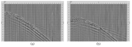 A common shot gather (a) before and (b) after shot delay correction