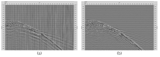 A shot gather (a) before and (b) after band-pass filtering