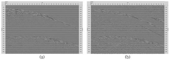 A Shot gather (a) before and (b) after true amplitude recovery